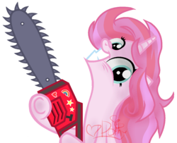 Size: 1127x914 | Tagged: safe, artist:doroshll, oc, oc only, pony, unicorn, fanfic:cupcakes, base used, chainsaw, female, mare, simple background, solo, transparent background