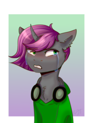 Size: 1900x2500 | Tagged: safe, artist:shiro-roo, oc, oc only, oc:charcoal serenity, pony, unicorn, bust, clothes, crying, female, gritted teeth, headphones, mare, portrait, solo, ych result