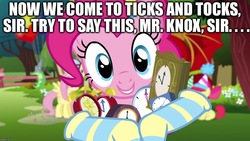 Size: 1280x720 | Tagged: safe, apple bloom, fluttershy, gummy, pinkie pie, sweetie belle, manticore, g4, happy birthday to you!, balloon, caption, clock, clothes, dr. seuss, fluttershy's cottage, fox in socks, hat, image macro, party hat, ponies in socks, quote, socks, solo focus, striped socks, text