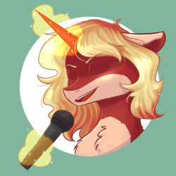 Size: 2500x2500 | Tagged: safe, artist:shiro-roo, oc, oc only, oc:providence, pony, unicorn, bust, chest fluff, eyes closed, female, floppy ears, high res, magic, mare, microphone, portrait, singing, solo, telekinesis, ych result