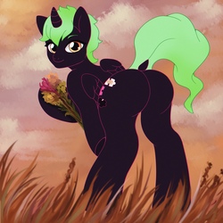 Size: 3500x3500 | Tagged: safe, artist:yasuokakitsune, oc, oc only, alicorn, pony, flower, grass, grass field, green mane, high res, looking at you, looking back, looking back at you, sky, smiling, solo, ych result