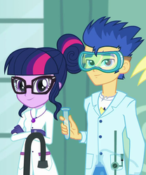 Size: 740x891 | Tagged: safe, screencap, flash sentry, sci-twi, twilight sparkle, a queen of clubs, equestria girls, equestria girls series, g4, clothes, coat, cropped, crossed arms, female, flask, geode of telekinesis, glasses, goggles, lab coat, laboratory, magical geodes, male, smiling, test tube