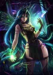 Size: 848x1200 | Tagged: safe, artist:axsens, queen chrysalis, human, g4, alicorn humanization, breasts, clothes, elf ears, eyeshadow, female, gloves, glowing hands, horn, horned humanization, humanized, lidded eyes, looking at you, magic, makeup, smiling, smirk, socks, solo, stockings, tattoo, thigh highs, winged humanization, wings