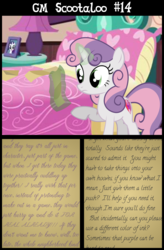 Size: 4800x7300 | Tagged: safe, artist:gm-scoots, artist:little jackie papercut, sweetie belle, comic:bleeding hearts, g4, absurd resolution, implied scootabloom, older, shipper on deck, text