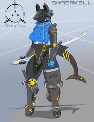 Size: 2920x3780 | Tagged: safe, artist:mopyr, oc, oc only, oc:shaerkell, cyborg, anthro, barely pony related, clothes, fantasy, female, high res, jacket, katana, mechanized, science fiction, solo, sword, weapon