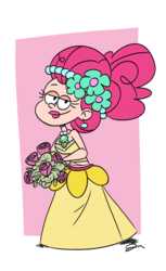 Size: 980x1600 | Tagged: safe, artist:jmdoodle, pinkie pie, human, a canterlot wedding, g4, season 2, bedroom eyes, bridesmaid, bridesmaid dress, clothes, colored, dress, humanized, lipstick, makeup, royal wedding, style emulation, the loud house