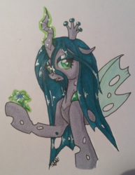 Size: 1280x1657 | Tagged: safe, artist:sadonax, queen chrysalis, changeling, changeling queen, g4, crown, female, flower, jewelry, regalia, simple background, solo, traditional art