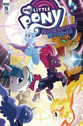 Size: 1186x1800 | Tagged: safe, artist:tony fleecs, idw, capper dapperpaws, daybreaker, princess luna, stygian, tempest shadow, trixie, abyssinian, alicorn, pony, unicorn, g4, my little pony: the movie, nightmare knights, spoiler:comic, spoiler:comicnightmareknights05, broken horn, cover, female, horn, male, mare, stallion