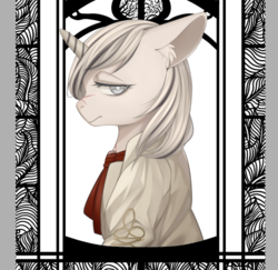Size: 574x557 | Tagged: source needed, safe, artist:hnav, oc, oc only, oc:yiazmat, pony, unicorn, black and white, bust, grayscale, male, monochrome, portrait, solo, stained glass, white coat