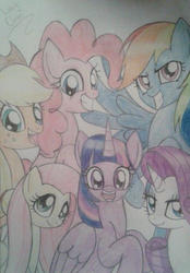 Size: 542x780 | Tagged: safe, artist:enviaart, applejack, fluttershy, pinkie pie, rainbow dash, rarity, twilight sparkle, alicorn, earth pony, pegasus, pony, unicorn, g4, mane six, traditional art, twilight sparkle (alicorn)