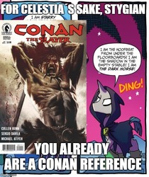 Size: 491x584 | Tagged: safe, edit, stygian, g4, spoiler:comic, armpits, caption, clothes, conan the barbarian, costume, dark horse comics, image macro, impact font, text