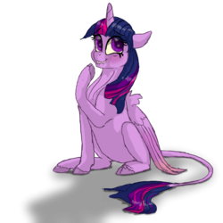 Size: 5000x5000 | Tagged: safe, artist:shaslan, twilight sparkle, alicorn, classical unicorn, pony, g4, absurd resolution, blushing, cloven hooves, female, folded wings, horn, leonine tail, lip bite, looking sideways, raised hoof, shadow, simple background, sitting, solo, stifling laughter, transparent background, twilight sparkle (alicorn), unshorn fetlocks, wings