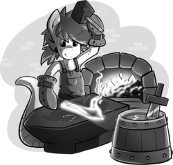Size: 1378x1319 | Tagged: safe, artist:secret-pony, oc, oc only, lamia, original species, buck legacy, anvil, black and white, blacksmith, card art, clothes, fire, forge, forging, gloves, grayscale, hammer, male, monochrome, ponytail, simple background, solo, sweat, sword, transparent background, weapon