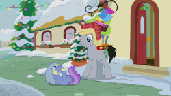 Size: 800x450 | Tagged: safe, screencap, alula, first base, lucky clover, peach fuzz, pluto, earth pony, pony, g4, my little pony best gift ever, a christmas story, animated, cute, falling, female, filly, gif, male, snow, snowsuit, stallion, surprised, tripping