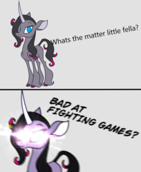 Size: 2444x3000 | Tagged: safe, edit, oleander (tfh), pony, unicorn, them's fightin' herds, caption, community related, glowing eyes, glowing eyes meme, gray background, high res, meme, shitposting, simple background
