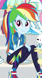 Size: 379x698 | Tagged: safe, screencap, angel bunny, bon bon, lyra heartstrings, rainbow dash, sweetie drops, a queen of clubs, equestria girls, equestria girls series, g4, clothes, female, geode of super speed, hoodie, magical geodes, offscreen character, pants, shoes, sneakers