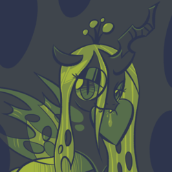 Size: 1280x1280 | Tagged: safe, artist:phat_guy, derpibooru exclusive, queen chrysalis, changeling, changeling queen, g4, biting, blood, crown, cute, cutealis, fangs, female, heart, jewelry, limited palette, looking at you, mouth hold, quadrupedal, regalia, slit pupils, smiling, solo