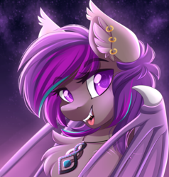 Size: 2623x2759 | Tagged: safe, artist:airiniblock, oc, oc only, oc:platinum wing, bat pony, pony, rcf community, bat pony oc, commission, ear fluff, ear piercing, earring, female, high res, jewelry, looking at you, necklace, open mouth, piercing, solo