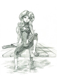 Size: 1000x1332 | Tagged: safe, artist:baron engel, fluttershy, equestria girls, g4, my little pony equestria girls: better together, breasts, clothes, feet, female, flip-flops, flippers (gear), grayscale, looking at you, monochrome, pencil drawing, pier, sandals, simple background, smiling, solo, swimsuit, toes, traditional art, wetsuit, white background