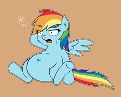 Size: 1000x800 | Tagged: safe, artist:oness_san, rainbow dash, pegasus, pony, g4, belly, belly button, fat, female, mare, rainblob dash, simple background, sitting, solo, tubby wubby pony waifu