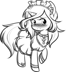 Size: 789x863 | Tagged: safe, artist:secret-pony, oc, oc only, pony, unicorn, buck legacy, blushing, bow, card art, choker, clothes, female, garter belt, garters, grayscale, jewelry, looking at you, maid, maid headdress, mare, monochrome, necklace, simple background, solo, transparent background