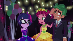 Size: 1280x720 | Tagged: safe, screencap, gloriosa daisy, sci-twi, timber spruce, twilight sparkle, equestria girls, g4, my little pony equestria girls: legend of everfree, bare shoulders, blushing, clothes, dress, female, glasses, male, shipping, sleeveless, straight, strapless, suit, timbertwi
