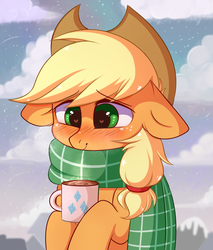 Size: 2724x3195 | Tagged: safe, artist:pesty_skillengton, applejack, earth pony, pony, g4, blushing, clothes, coffee, commissioner:raritybro, cute, cutie mark, daaaaaaaaaaaw, female, floppy ears, heart eyes, high res, hnnng, implied lesbian, implied rarijack, implied rarity, implied shipping, jackabetes, mare, scarf, smiling, solo, wingding eyes, winter, ych result