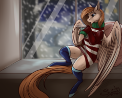Size: 1242x1000 | Tagged: safe, artist:sunny way, oc, oc only, oc:anima (lord_salt), pegasus, pony, rcf community, chocolate, clothes, cute, female, food, hot, hot chocolate, mare, patreon, patreon reward, socks, solo, sweater, window, wings, winter
