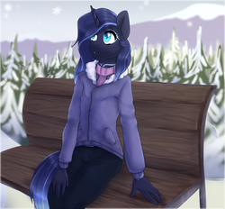 Size: 2692x2500 | Tagged: safe, artist:tigra0118, oc, oc only, oc:mystic shadow, unicorn, anthro, anthro oc, bench, clothes, female, forest, hair over one eye, high res, hoodie, horn, looking up, mare, open mouth, pants, scarf, sitting, snow, solo, tree, winter, ych result