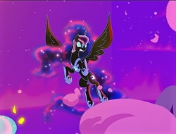 Size: 413x314 | Tagged: safe, artist:light262, artist:lummh, nightmare moon, alicorn, pony, comic:timey wimey, g4, clothes, comic, cropped, ethereal mane, female, flying, mare, missing accessory, peytral, shoes, solo, spread wings, starry mane, wings