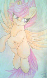 Size: 572x948 | Tagged: safe, artist:enviaart, scootaloo, pegasus, pony, g4, female, scootaloo can fly, solo, traditional art