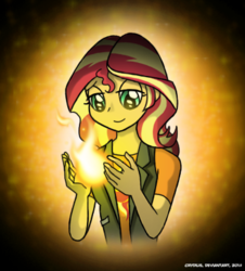 Size: 378x418 | Tagged: safe, artist:crydius, sunset shimmer, equestria girls, equestria girls series, g4, clothes, female, fiery shimmer, fire, smiling, solo