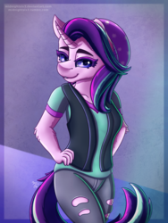 Size: 1500x2000 | Tagged: safe, artist:midnightsix3, starlight glimmer, unicorn, anthro, equestria girls, equestria girls specials, g4, my little pony equestria girls: mirror magic, beanie, clothes, equestria girls outfit, female, hat, mare, pants, shirt, smiling, solo, vest
