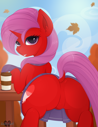 Size: 2550x3300 | Tagged: safe, artist:xsatanielx, oc, oc only, earth pony, pony, unicorn, rcf community, autumn, autumn leaves, bipedal, bipedal leaning, butt, clothes, commission, dock, featureless crotch, female, high res, horn, leaning, leaves, looking back, mare, plot, skirt, tail, upskirt, ych result