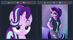 Size: 489x271 | Tagged: safe, starlight glimmer, anthro, derpibooru, g4, beanie, clothes, hat, juxtaposition, juxtaposition win, meme, meta, unamused