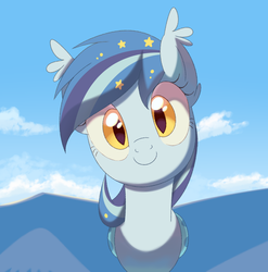 Size: 810x819 | Tagged: safe, artist:owlity, oc, oc only, oc:star struck, bat pony, pony, cloud, cute, female, looking at you, sky, smiling, solo