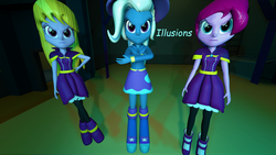 Size: 1920x1080 | Tagged: safe, artist:class37boy, fuchsia blush, lavender lace, trixie, equestria girls, g4, my little pony equestria girls: rainbow rocks, 3d, comic sans, trixie and the illusions