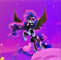 Size: 830x823 | Tagged: safe, artist:light262, artist:lummh, nightmare moon, alicorn, pony, comic:timey wimey, g4, angry, clothes, comic, cropped, ethereal mane, female, flying, low res image, mare, missing accessory, needs more jpeg, peytral, shoes, solo, spread wings, starry mane, wings