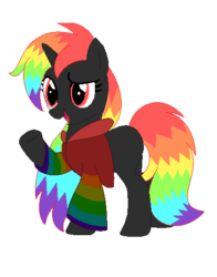 Size: 400x509 | Tagged: safe, artist:achuni, artist:selenaede, oc, oc only, oc:rainbow reggae, pony, unicorn, base used, clothes, female, hoodie, mare, open mouth, pixel art, rainbow hair, raised hoof, scene kid, simple background, solo, transparent background