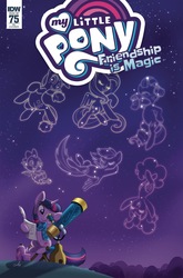 Size: 1054x1600 | Tagged: safe, artist:amy mebberson, idw, official comic, applejack, fluttershy, pinkie pie, rainbow dash, rarity, spike, twilight sparkle, dragon, g4, spoiler:comic, spoiler:comic75, comic, comic cover, constellation, cover, mane seven, mane six, telescope, winged spike, wings