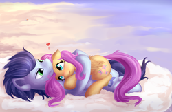 Size: 2361x1540 | Tagged: safe, artist:sapsan, fluttershy, rainbow dash, soarin', pegasus, pony, g4, blushing, commission, crack shipping, female, floating heart, heart, hug, male, mare, shipping, sky, snuggling, soarinshy, stallion, straight, watching