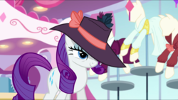 Size: 1440x812 | Tagged: safe, screencap, rarity, pony, g4, rarity investigates, female, grin, hat, lidded eyes, mare, ponyquin, smiling, solo, suggestive smile