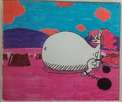 Size: 1637x1370 | Tagged: safe, artist:eternaljonathan, oc, oc:veneris, pony, ball and chain, belly, big belly, candy, chains, food, huge belly, impossibly large belly, stuffed, traditional art, whiteboard