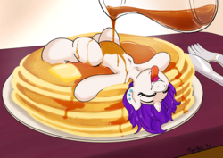Size: 4631x3273 | Tagged: safe, artist:kyokimute, oc, oc only, oc:kyoponi, pony, unicorn, ear piercing, food, i'm pancake, lying down, micro, not rarity, open mouth, pancakes, piercing, ponies in food, pouring, small pony, syrup, tongue out, warm, warmth