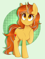 Size: 2010x2620 | Tagged: safe, artist:higglytownhero, oc, oc only, oc:cinderheart, pony, unicorn, abstract background, commission, female, golden eyes, high res, mare, raised hoof, smiling, solo