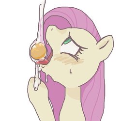 Size: 600x600 | Tagged: safe, artist:ume89s, fluttershy, pegasus, pony, g4, blushing, bust, egg yolk, female, looking up, mare, open mouth, simple background, solo, sweat, tongue out, white background