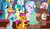 Size: 1824x1041 | Tagged: safe, screencap, amber grain, fuchsia frost, gallus, ocellus, sandbar, silverstream, smolder, snowy quartz, yona, changedling, changeling, classical hippogriff, dragon, earth pony, griffon, hippogriff, pony, unicorn, yak, a rockhoof and a hard place, g4, background pony, bow, cloven hooves, colored hooves, dragoness, female, friendship student, hair bow, jewelry, kunzite (sailor moon), male, mare, monkey swings, necklace, raised hoof, sitting, stallion, teenager