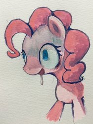 Size: 1536x2048 | Tagged: safe, artist:ume89s, pinkie pie, pony, g4, drool, drool string, female, mare, open mouth, shrunken pupils, smiling, solo, traditional art