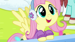 Size: 1280x720 | Tagged: safe, screencap, fluttershy, pegasus, pony, g4, my little pony best gift ever, bottomless, clothes, cute, earmuffs, female, fluttershy's purple sweater, hnnng, mare, shyabetes, smiling, snow, solo focus, spread wings, sweater, sweatershy, wings, winter outfit