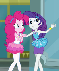 Size: 783x951 | Tagged: safe, screencap, pinkie pie, rarity, equestria girls, g4, my little pony equestria girls: better together, super squad goals, canterlot city, clothes, cropped, female, geode of shielding, geode of sugar bombs, hairband, magical geodes, pantyhose, skirt